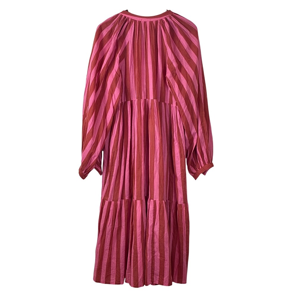 Matta Midi Dress Tiered Pink Red Stripe Long Sleeve Boho Vacation Resort Large - Picture 2 of 8